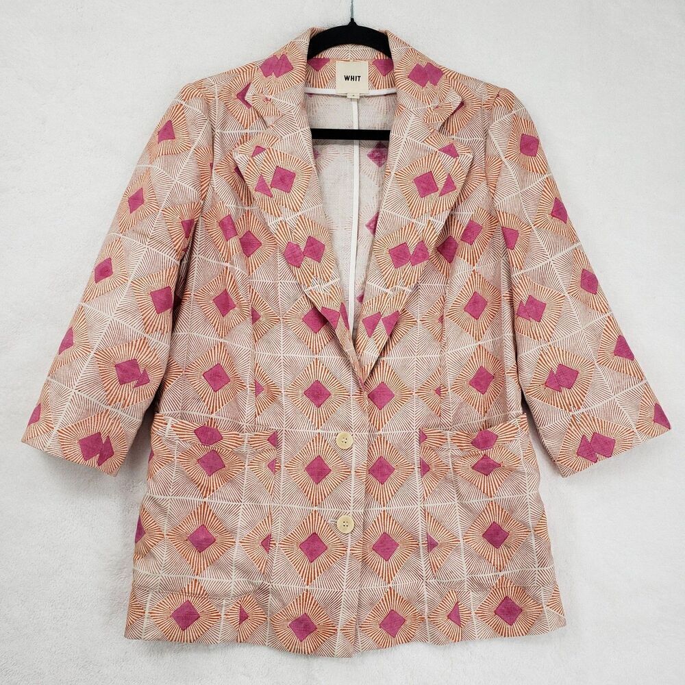 WHIT Blazer Womens Small Pink Orange Geometric Linen Silk Made in USA 3/4 Sleeve
